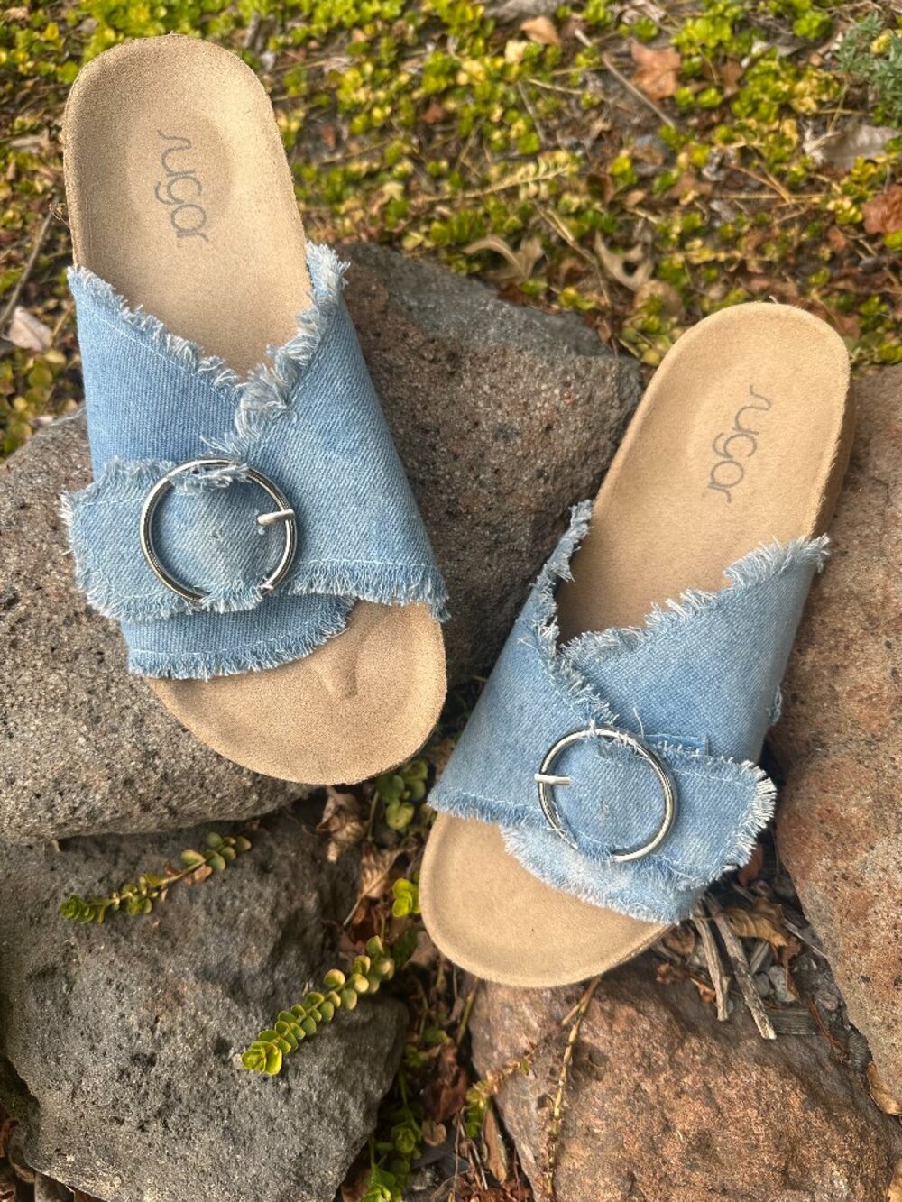 Sugar Denim Fringe Slide Sandals Boho Approx 9